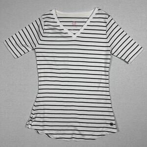 Striped Minimalist Soft Basic V-Neck Tee Isaac Mizrahi Women's Black White XS